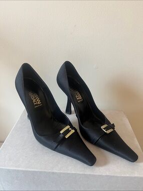 Vintage Versace Black Satin Pointed Toe Heels with Embellished Buckle Size 36.5